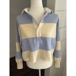 Abercrombie Fitch Shirt Womens Medium Blue White Rugby Polo Cropped Striped